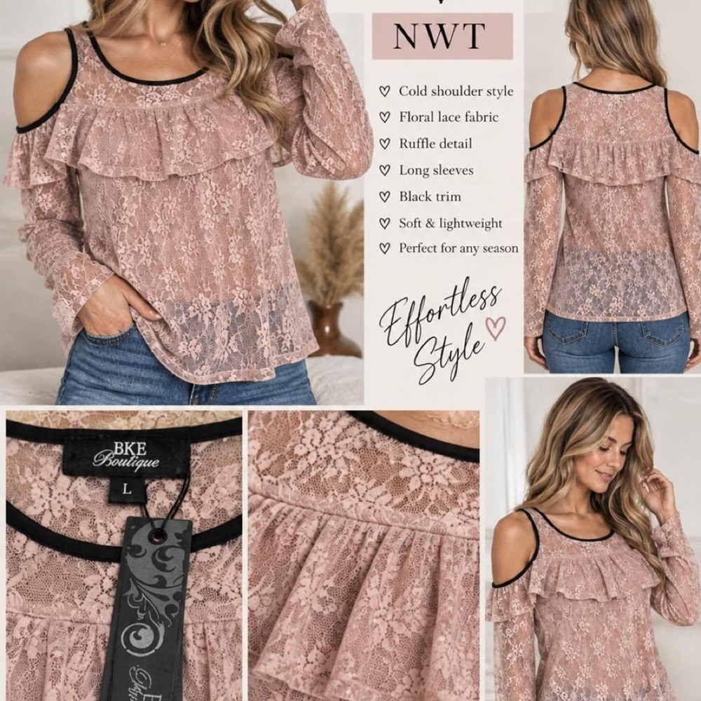🌸 BKE Boutique NWT Lace Cold Shoulder Top — Size Large